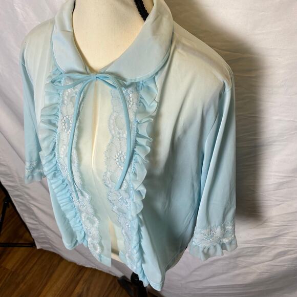 Vintage Women's Bed Jacket Medium Light Blue Ruffles Lace Trim Nylon Lingerie - Picture 5 of 12